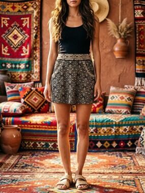 Free people Black and Cream Brocade Tapestry Textured Patterned Skirt size 6